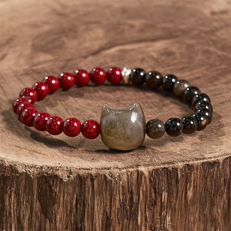 Bracelet chat en obsidienne noire et cinabre argentée et brillante 
