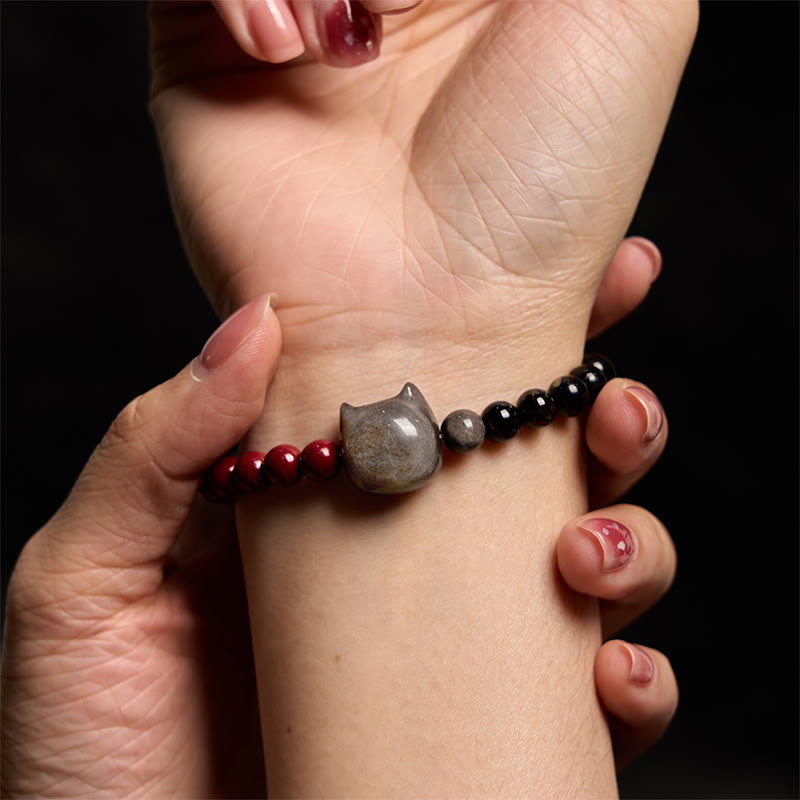 Bracelet chat en obsidienne noire et cinabre argentée et brillante 