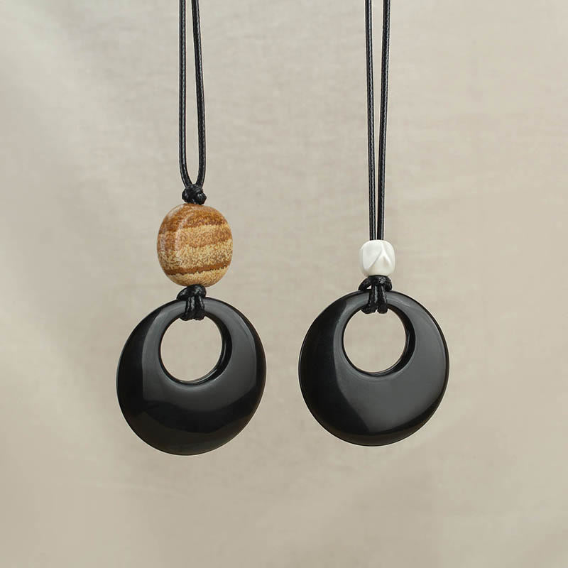 Fulfilment Strength Black Obsidian Liuli Picture Stone Necklace Pendant