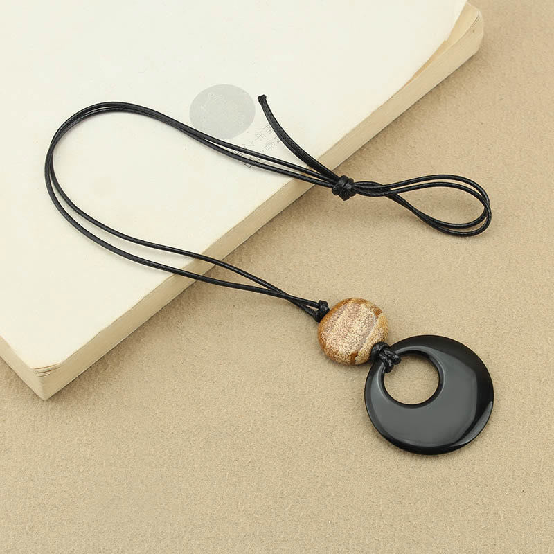 Fulfilment Strength Black Obsidian Liuli Picture Stone Necklace Pendant