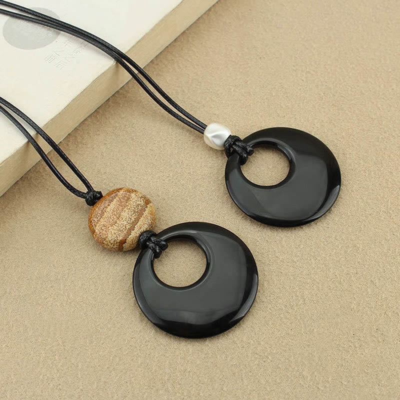 Fulfilment Strength Black Obsidian Liuli Picture Stone Necklace Pendant