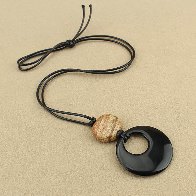 Fulfilment Strength Black Obsidian Liuli Picture Stone Necklace Pendant