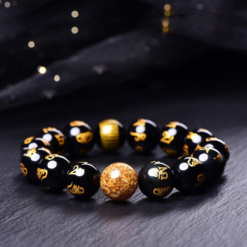 Bracelet créatif en obsidienne arc-en-ciel et feuille d'or avec six mots authentiques, Om Mani Padme Hum 