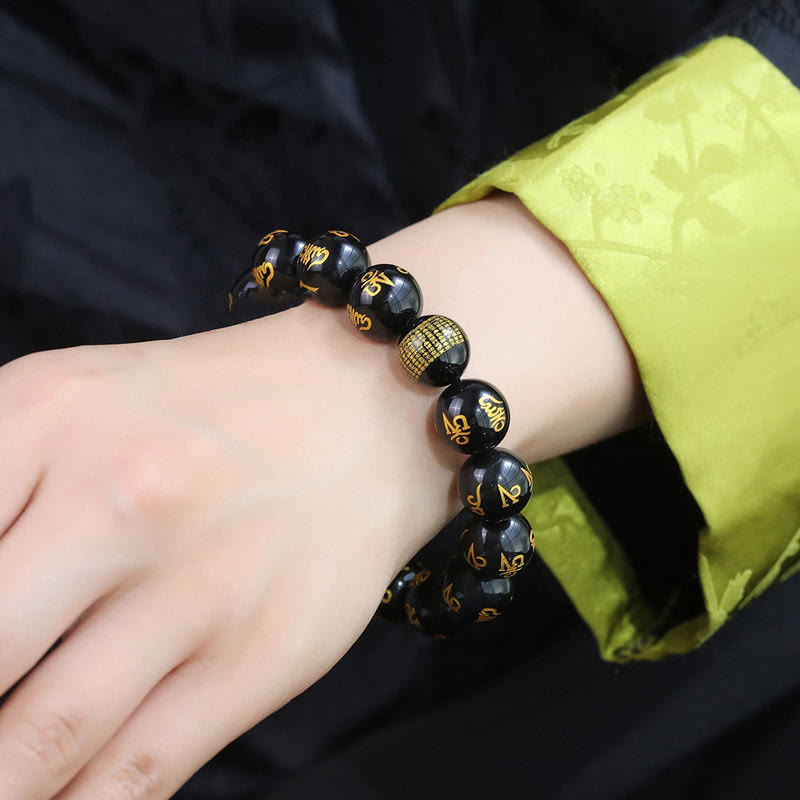 Bracelet créatif en obsidienne arc-en-ciel et feuille d'or avec six mots authentiques, Om Mani Padme Hum 