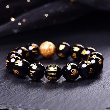 Bracelet créatif en obsidienne arc-en-ciel et feuille d'or avec six mots authentiques, Om Mani Padme Hum 
