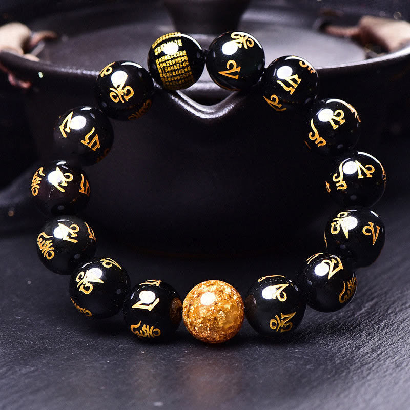 Bracelet créatif en obsidienne arc-en-ciel et feuille d'or avec six mots authentiques, Om Mani Padme Hum 