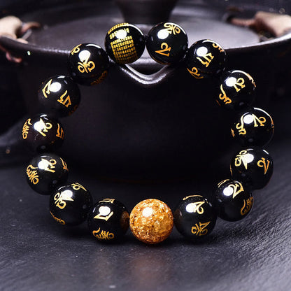 Bracelet créatif en obsidienne arc-en-ciel et feuille d'or avec six mots authentiques, Om Mani Padme Hum 