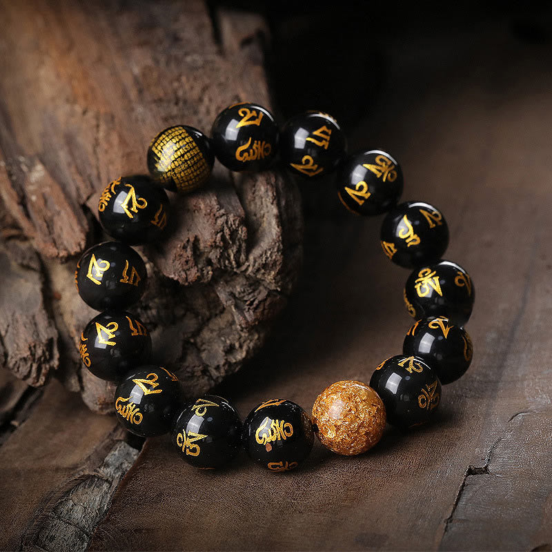 Bracelet créatif en obsidienne arc-en-ciel et feuille d'or avec six mots authentiques, Om Mani Padme Hum 