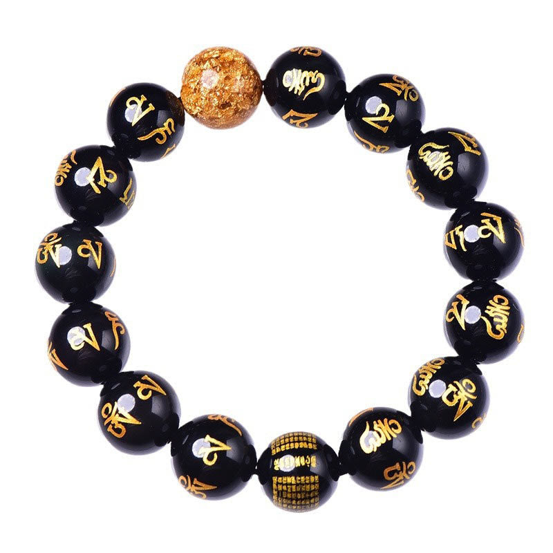 Bracelet créatif en obsidienne arc-en-ciel et feuille d'or avec six mots authentiques, Om Mani Padme Hum 