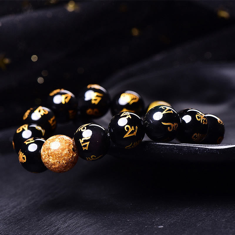 Bracelet créatif en obsidienne arc-en-ciel et feuille d'or avec six mots authentiques, Om Mani Padme Hum 