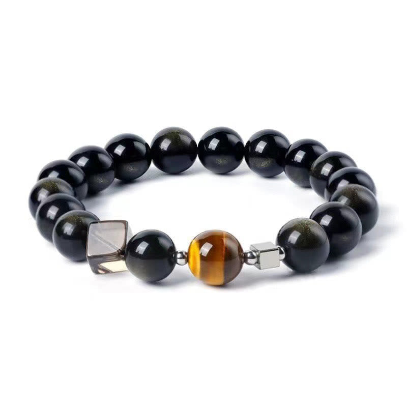 Bracelet de force en obsidienne noire, œil d'aigle, obsidienne dorée et œil de tigre 
