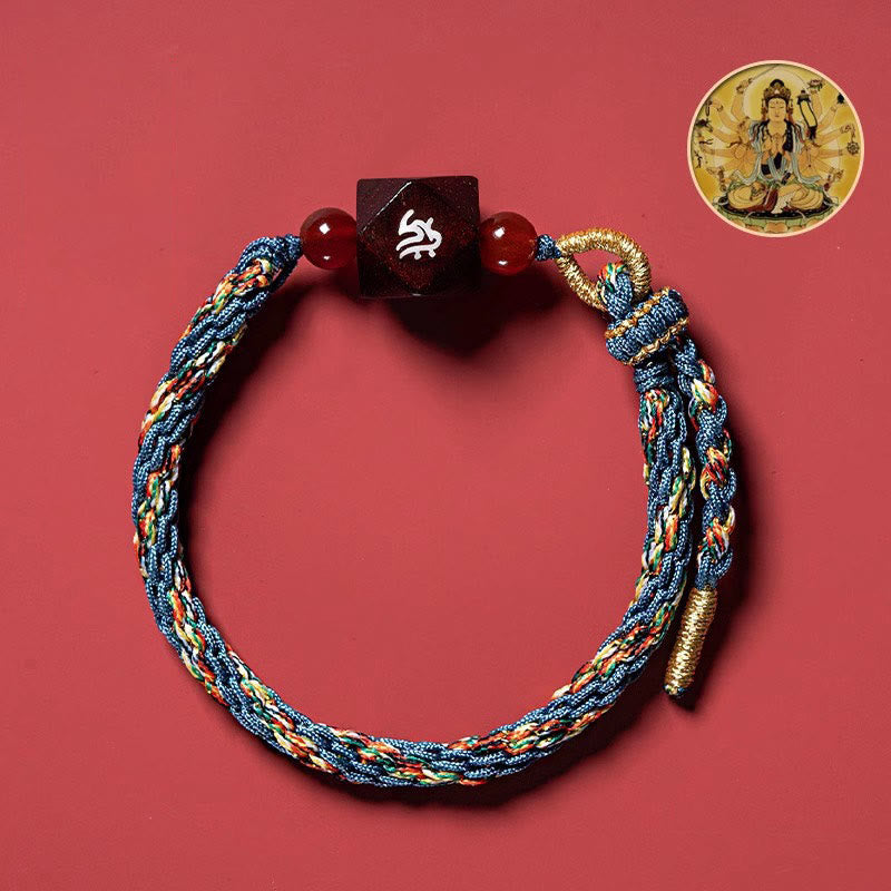 Bracelet de protection en fil rouge et bois de santal rouge avec petites feuilles et pierres de Bouddha, signe du zodiaque chinois