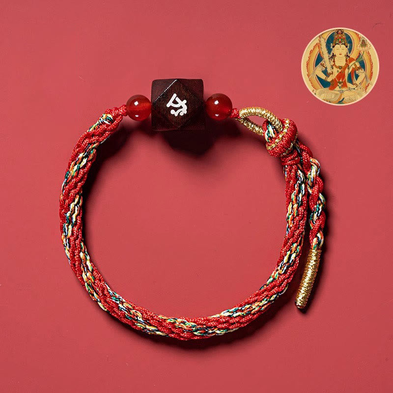 Bracelet de protection en fil rouge et bois de santal rouge avec petites feuilles et pierres de Bouddha, signe du zodiaque chinois