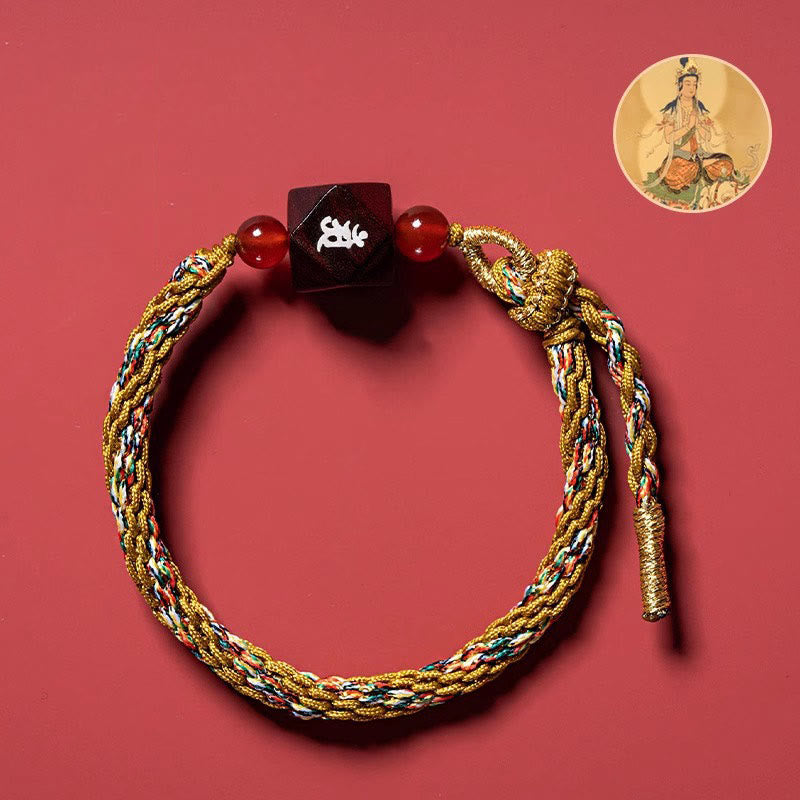 Bracelet de protection en fil rouge et bois de santal rouge avec petites feuilles et pierres de Bouddha, signe du zodiaque chinois