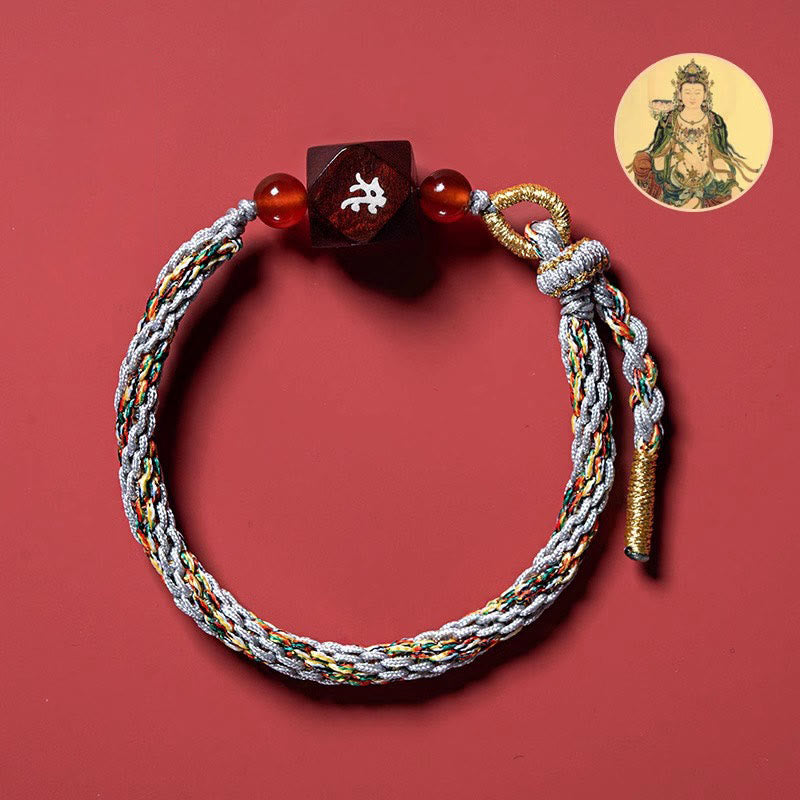 Bracelet de protection en fil rouge et bois de santal rouge avec petites feuilles et pierres de Bouddha, signe du zodiaque chinois