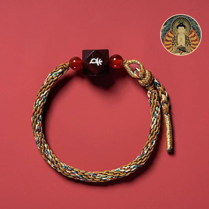 Bracelet de protection en fil rouge et bois de santal rouge avec petites feuilles et pierres de Bouddha, signe du zodiaque chinois