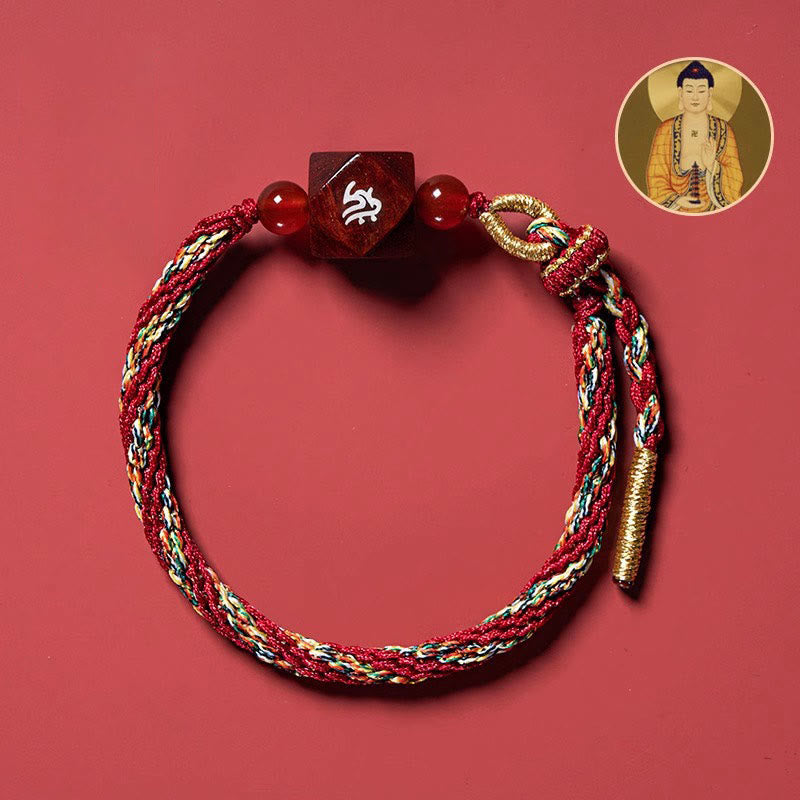 Bracelet de protection en fil rouge et bois de santal rouge avec petites feuilles et pierres de Bouddha, signe du zodiaque chinois
