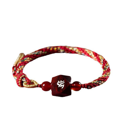 Bracelet de protection en fil rouge et bois de santal rouge avec petites feuilles et pierres de Bouddha, signe du zodiaque chinois