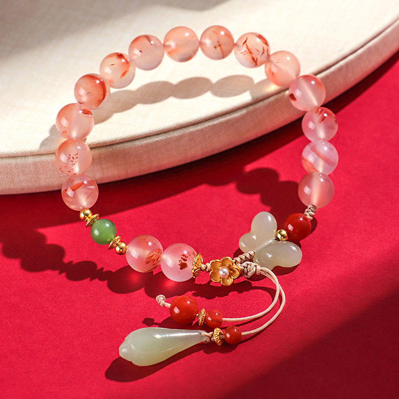 Bracelet porte-bonheur en jade Hetian, orchidée papillon, agate rouge du Sud et pierres de Bouddha 