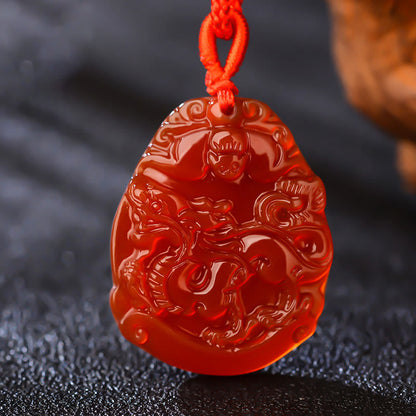 Collier pendentif calme en agate rouge avec pierres de Bouddha et signe du zodiaque chinois