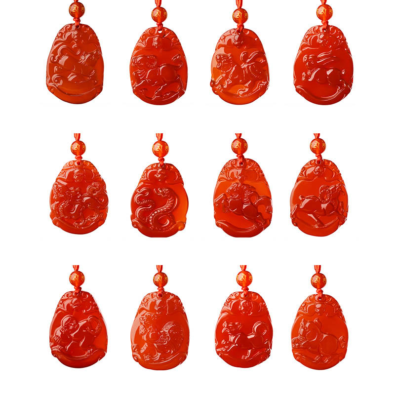 Collier pendentif calme en agate rouge avec pierres de Bouddha et signe du zodiaque chinois