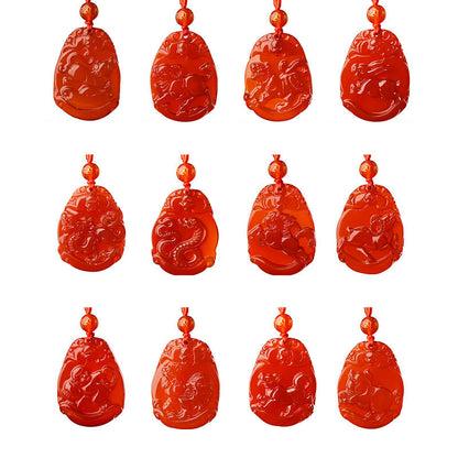 Collier pendentif calme en agate rouge avec pierres de Bouddha et signe du zodiaque chinois