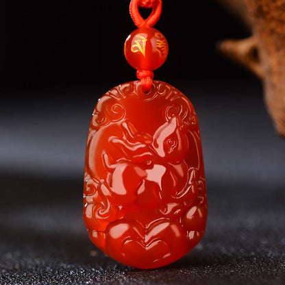 Collier pendentif porte-bonheur en agate rouge avec pierres de Bouddha et signe du zodiaque chinois