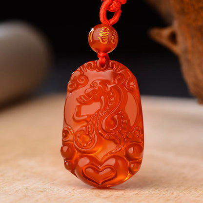 Collier pendentif porte-bonheur en agate rouge avec pierres de Bouddha et signe du zodiaque chinois