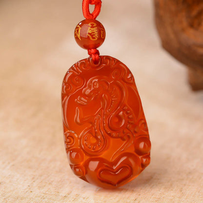 Collier pendentif porte-bonheur en agate rouge avec pierres de Bouddha et signe du zodiaque chinois