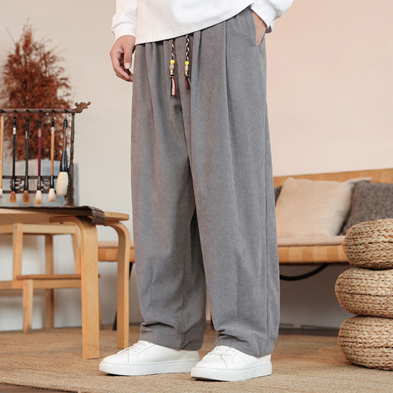 Buddha Stones Fall Winter Men's Drawstring Corduroy Solid Pants With Pockets