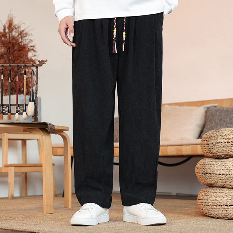 Buddha Stones Fall Winter Men's Drawstring Corduroy Solid Pants With Pockets