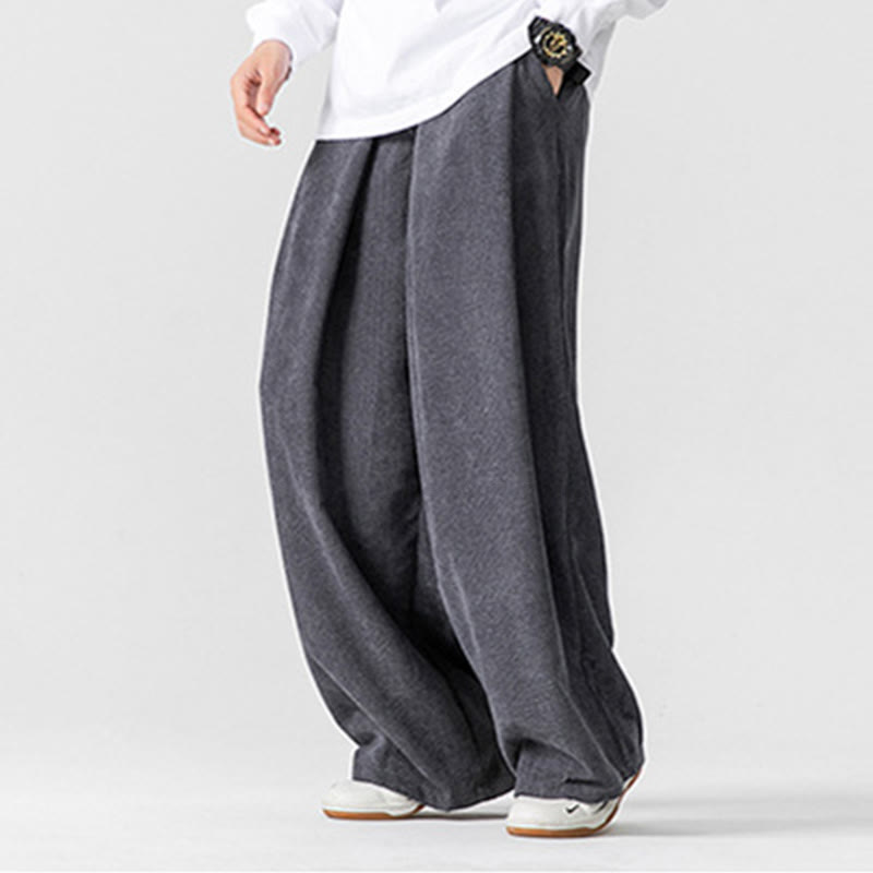 Buddha Stones Solid Color Cotton Corduroy Men's Wide Leg Pants With Pockets