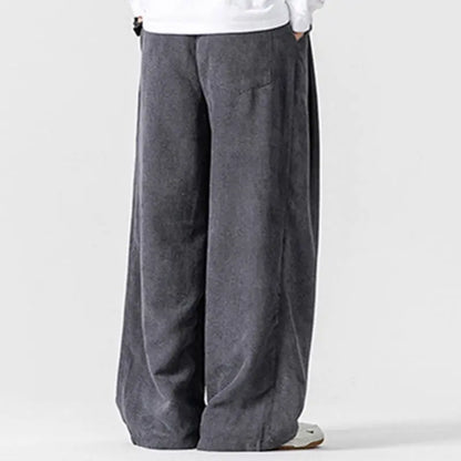 Buddha Stones Solid Color Cotton Corduroy Men's Wide Leg Pants With Pockets BS