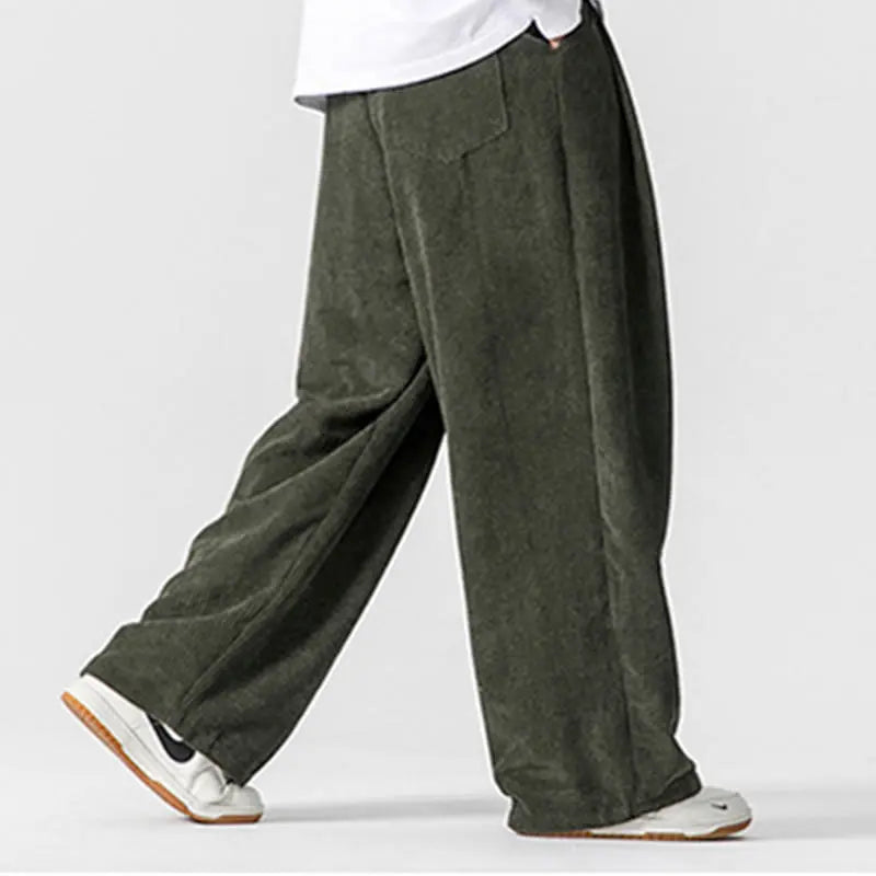 Buddha Stones Solid Color Cotton Corduroy Men's Wide Leg Pants With Pockets BS