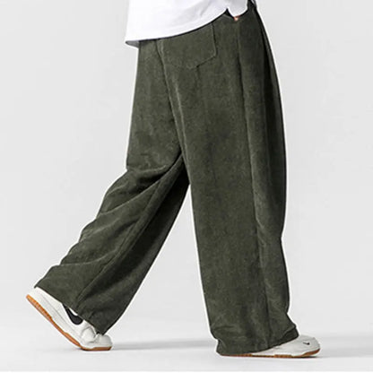 Buddha Stones Solid Color Cotton Corduroy Men's Wide Leg Pants With Pockets BS