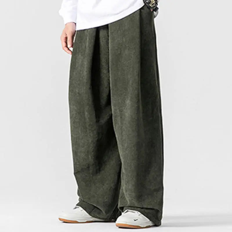 Buddha Stones Solid Color Cotton Corduroy Men's Wide Leg Pants With Pockets BS