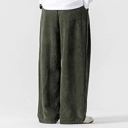 Buddha Stones Solid Color Cotton Corduroy Men's Wide Leg Pants With Pockets BS