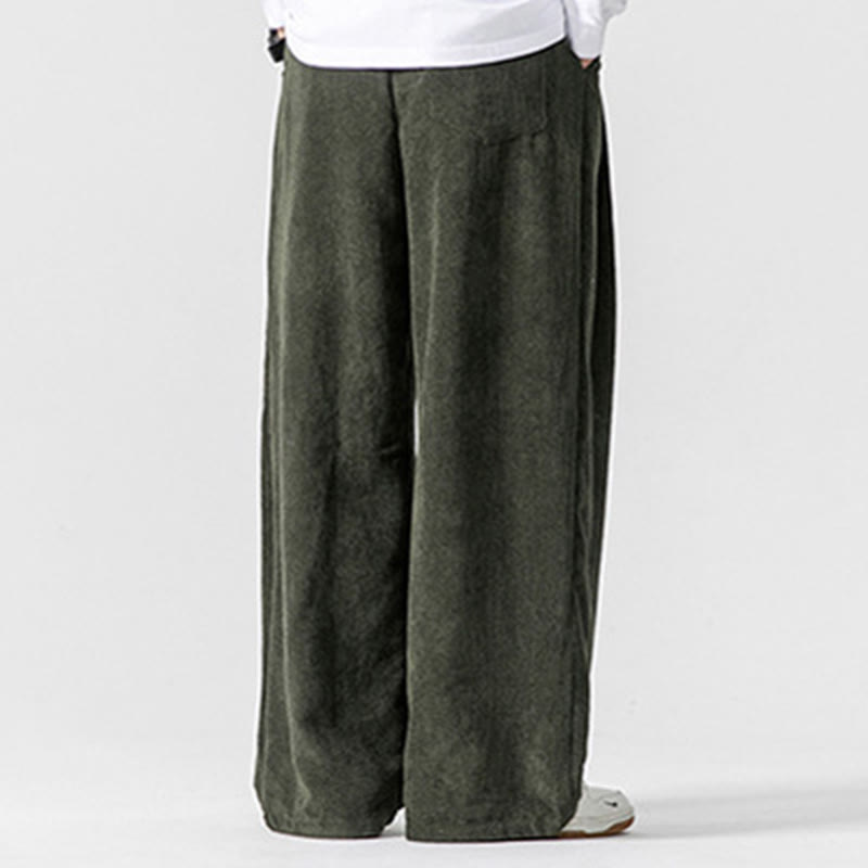 Buddha Stones Solid Color Cotton Corduroy Men's Wide Leg Pants With Pockets