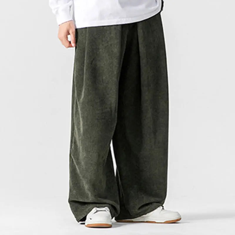 Buddha Stones Solid Color Cotton Corduroy Men's Wide Leg Pants With Pockets BS