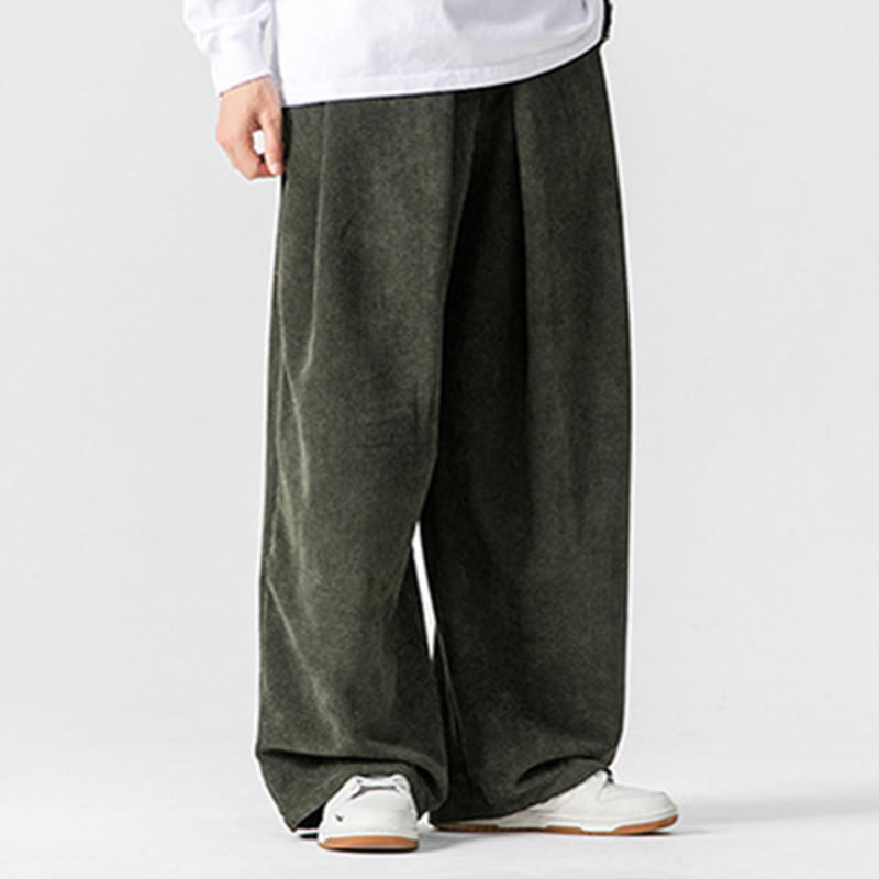 Buddha Stones Solid Color Cotton Corduroy Men's Wide Leg Pants With Pockets