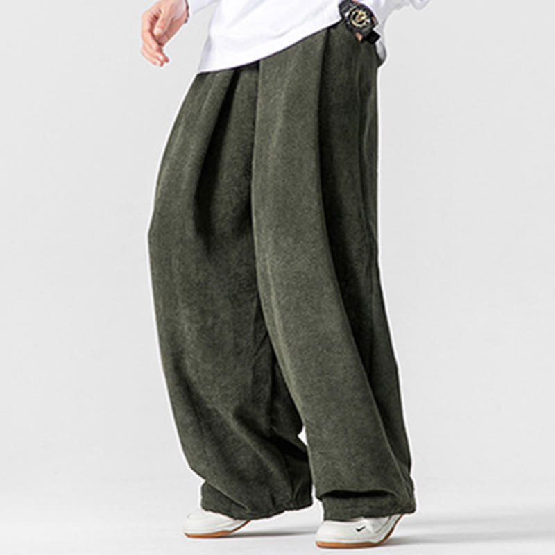 Buddha Stones Solid Color Cotton Corduroy Men's Wide Leg Pants With Pockets