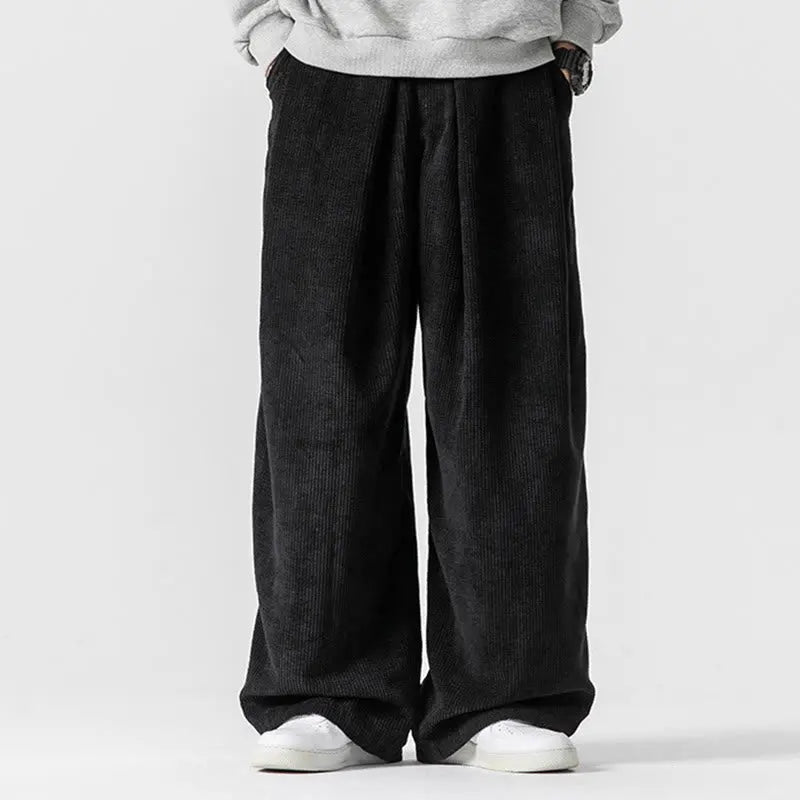 Buddha Stones Solid Color Cotton Corduroy Men's Wide Leg Pants With Pockets BS