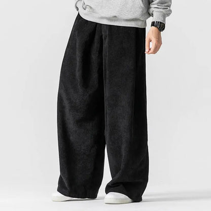 Buddha Stones Solid Color Cotton Corduroy Men's Wide Leg Pants With Pockets BS