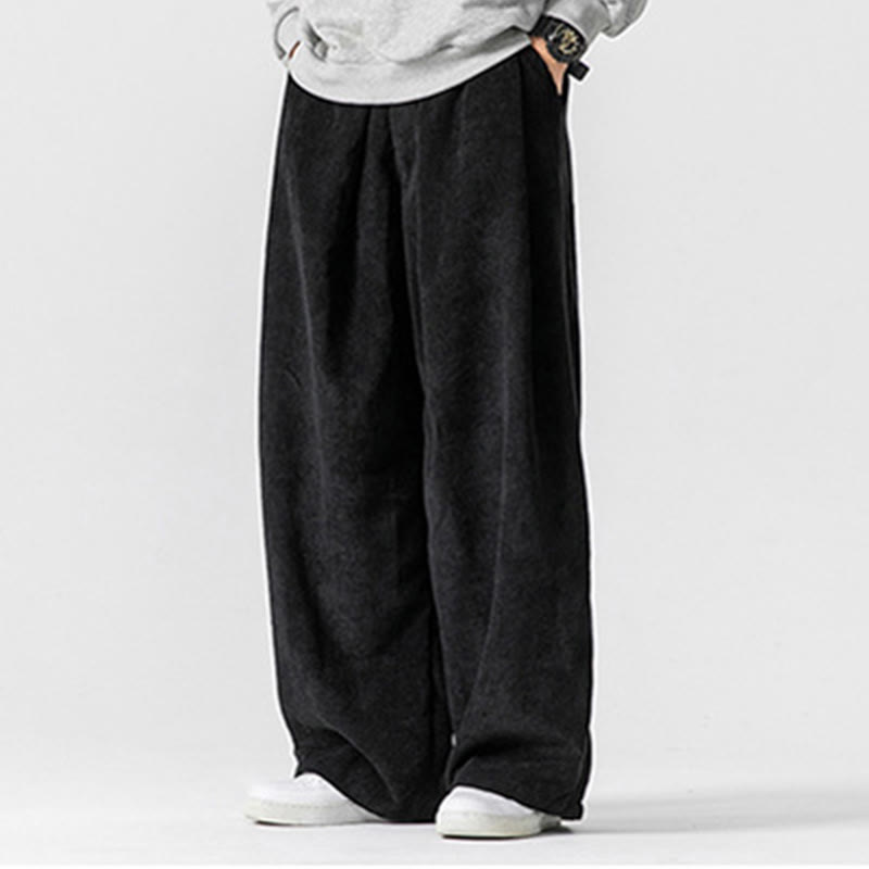 Buddha Stones Solid Color Cotton Corduroy Men's Wide Leg Pants With Pockets