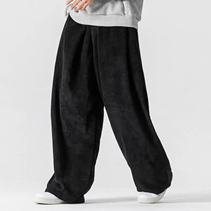 Buddha Stones Solid Color Cotton Corduroy Men's Wide Leg Pants With Pockets BS