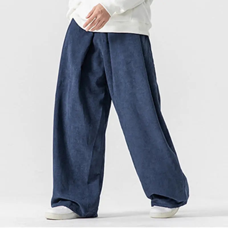 Buddha Stones Solid Color Cotton Corduroy Men's Wide Leg Pants With Pockets BS