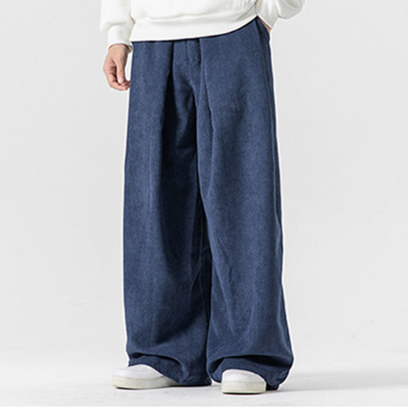 Buddha Stones Solid Color Cotton Corduroy Men's Wide Leg Pants With Pockets