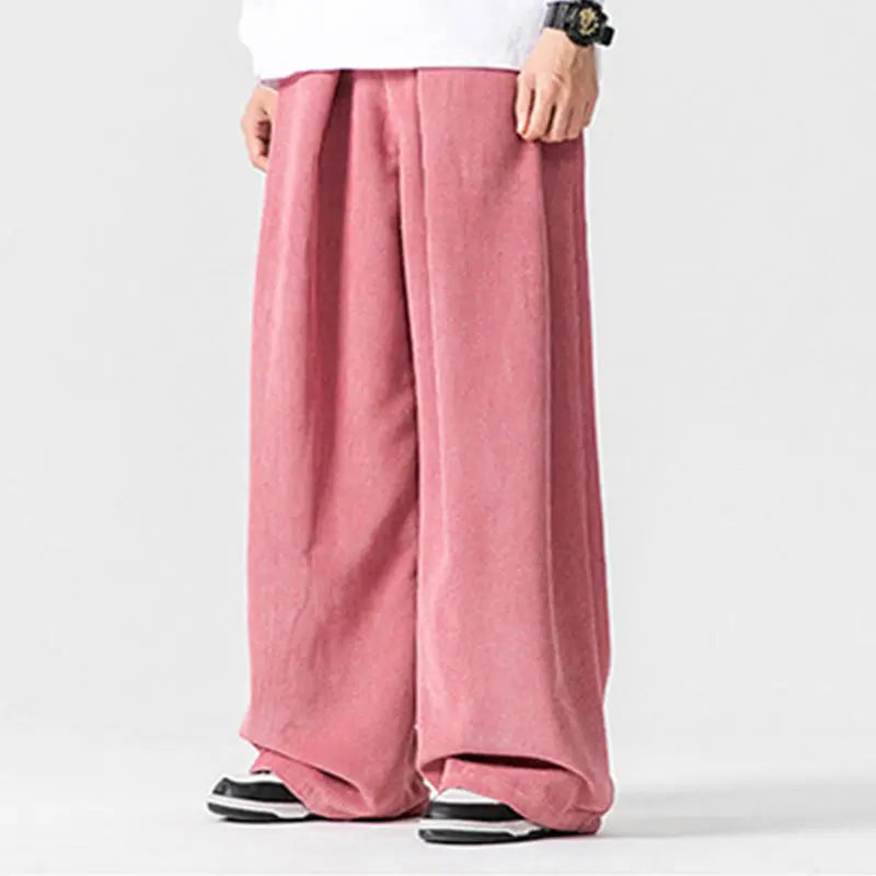 Buddha Stones Solid Color Cotton Corduroy Men's Wide Leg Pants With Pockets BS