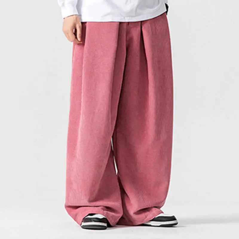 Buddha Stones Solid Color Cotton Corduroy Men's Wide Leg Pants With Pockets BS