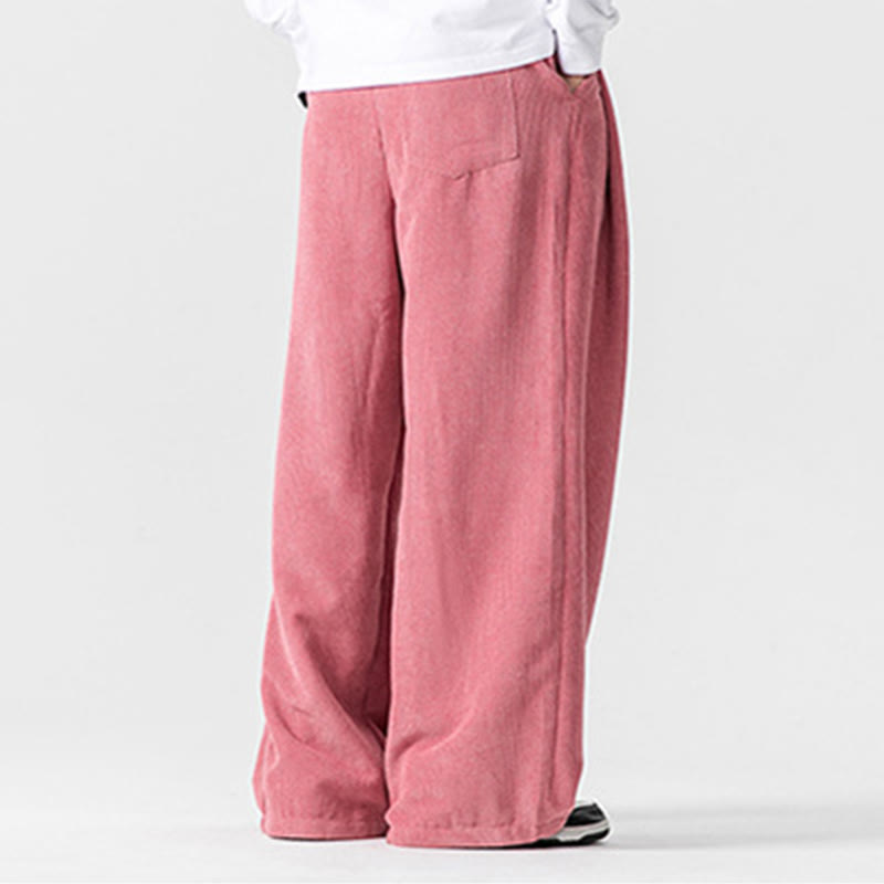 Buddha Stones Solid Color Cotton Corduroy Men's Wide Leg Pants With Pockets